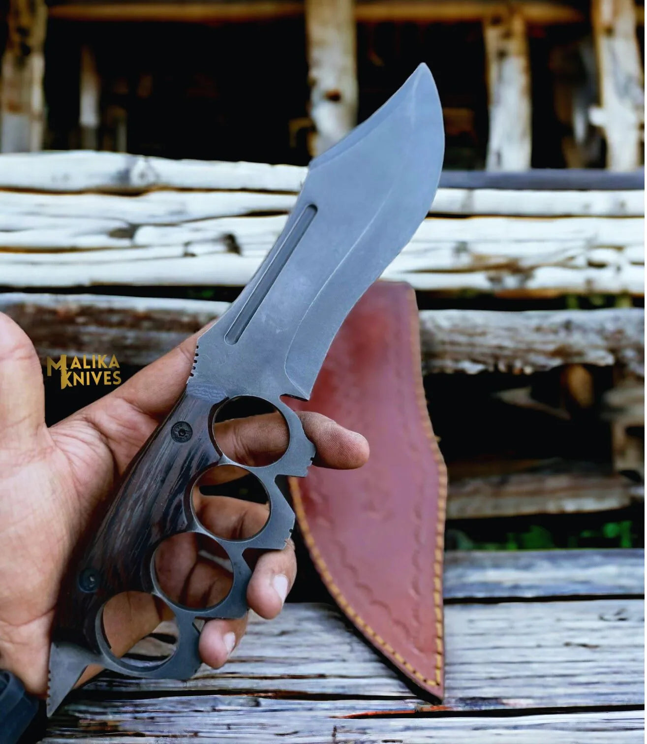 D2 Knuckle Bowie Knife Wenge Wood Full Tang Leather sheath