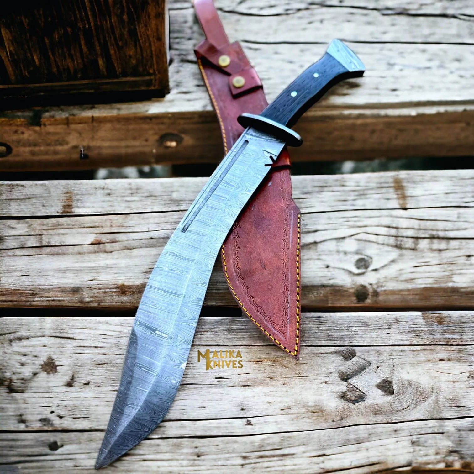 Damascus Kukri Bowie Knife Wenge Wood Full Tang