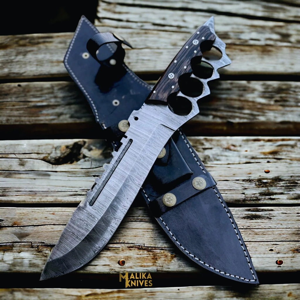 Damascus Knuckle Bowie Knife Wenge Wood Full Tang