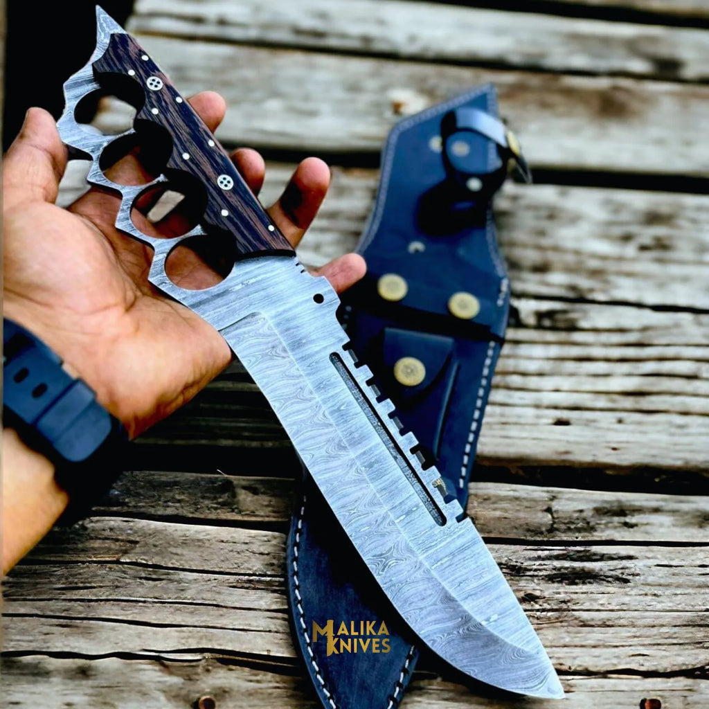 Damascus Knuckle Bowie Knife Wenge Wood Full Tang
