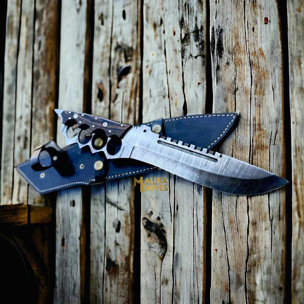 Damascus Knuckle Bowie Knife Wenge Wood Full Tang