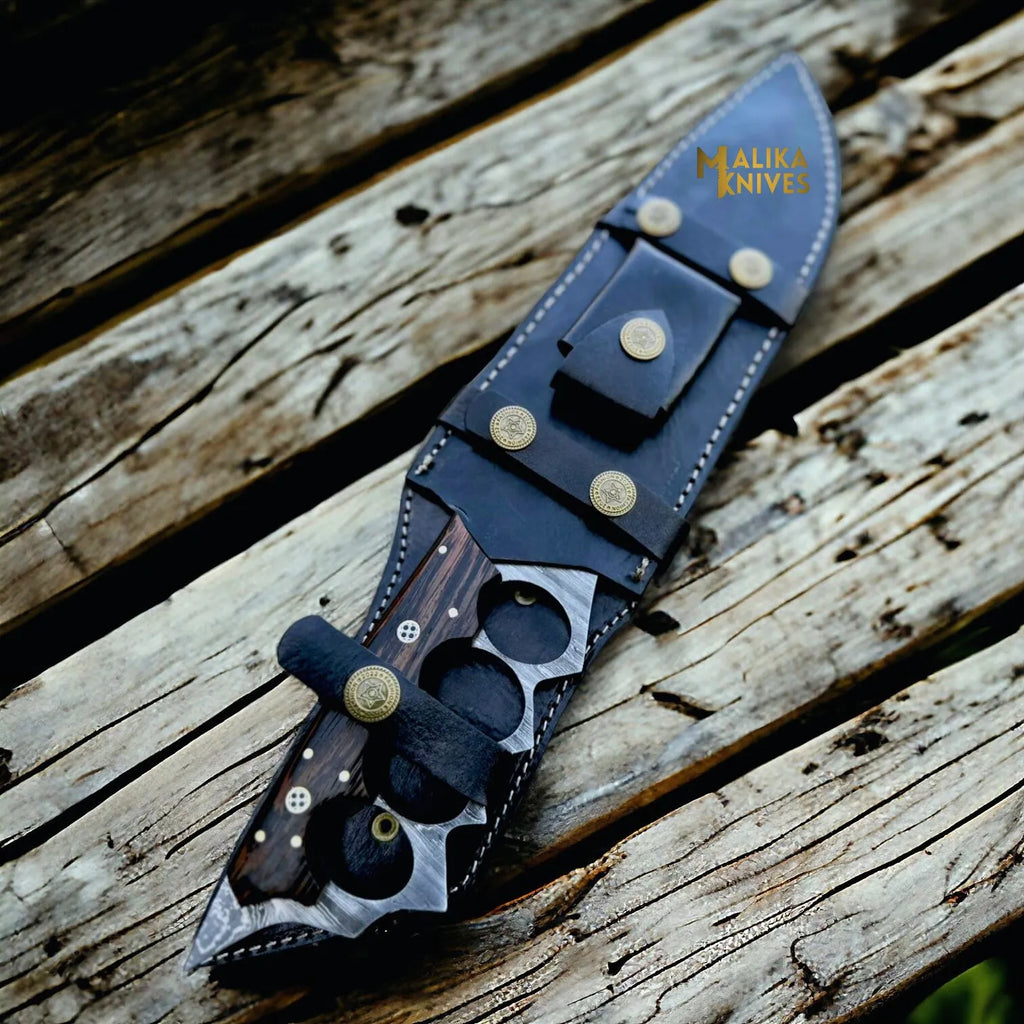 Damascus Knuckle Bowie Knife Wenge Wood Full Tang
