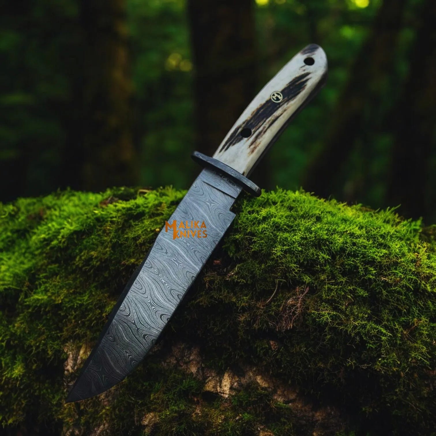 Damascus Stag Handle Bowie Knife Full Tang