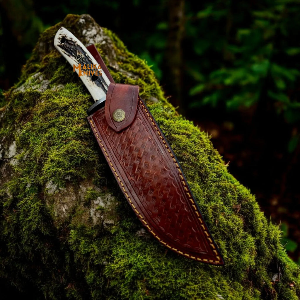 Damascus Stag Handle Bowie Knife Full Tang