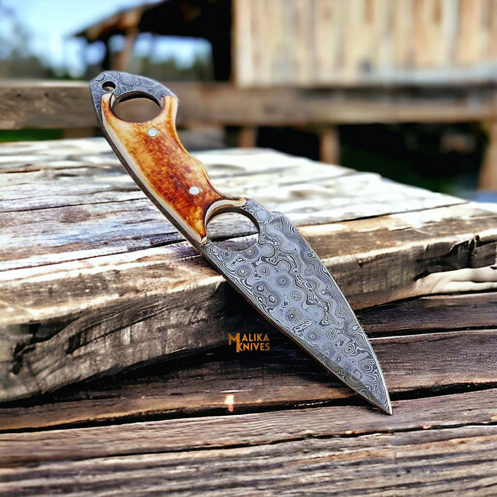 Ringtail Damascus Hunting Knife Camel Bone Handle