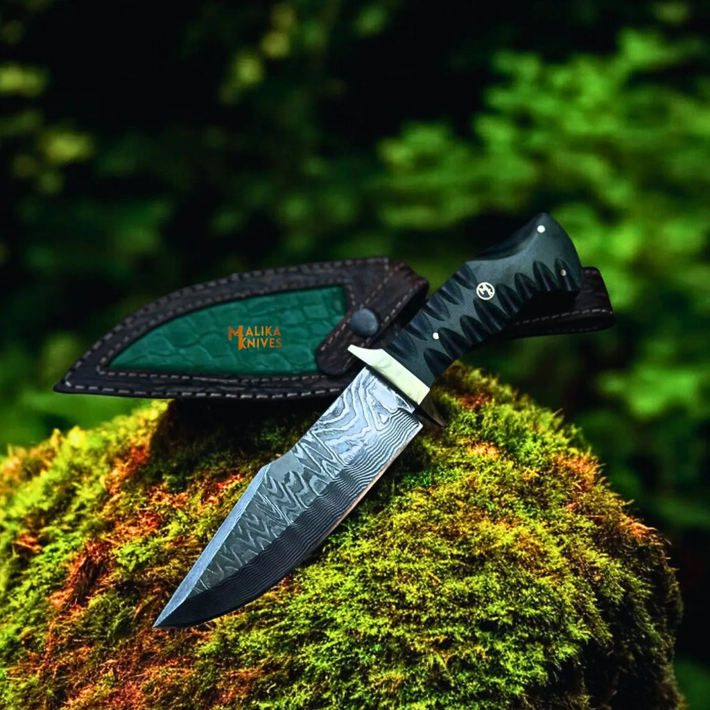 Damascus Bowie Hunting Knife with G10 Handle & Leather Sheath