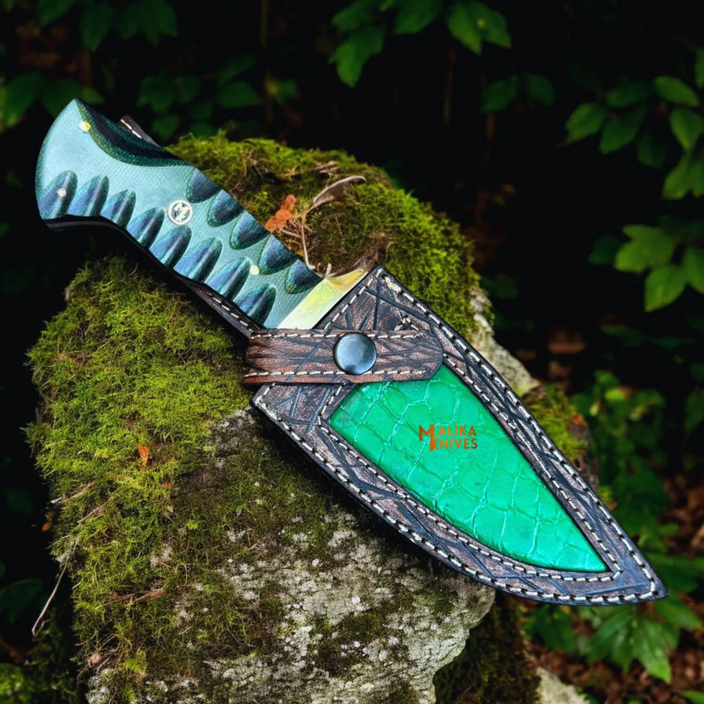 Damascus Bowie Hunting Knife with G10 Handle & Leather Sheath