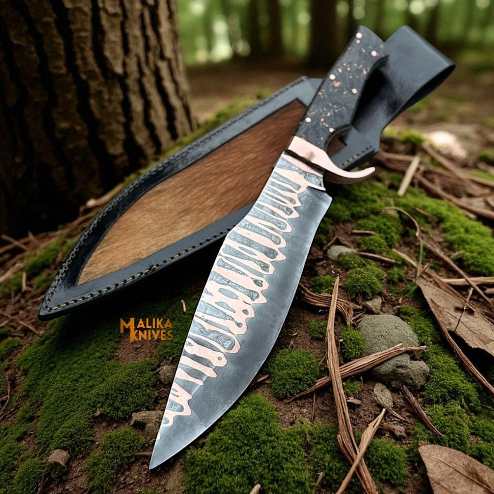 Copper Damascus Bowie Knife | Carbon Fiber Handle