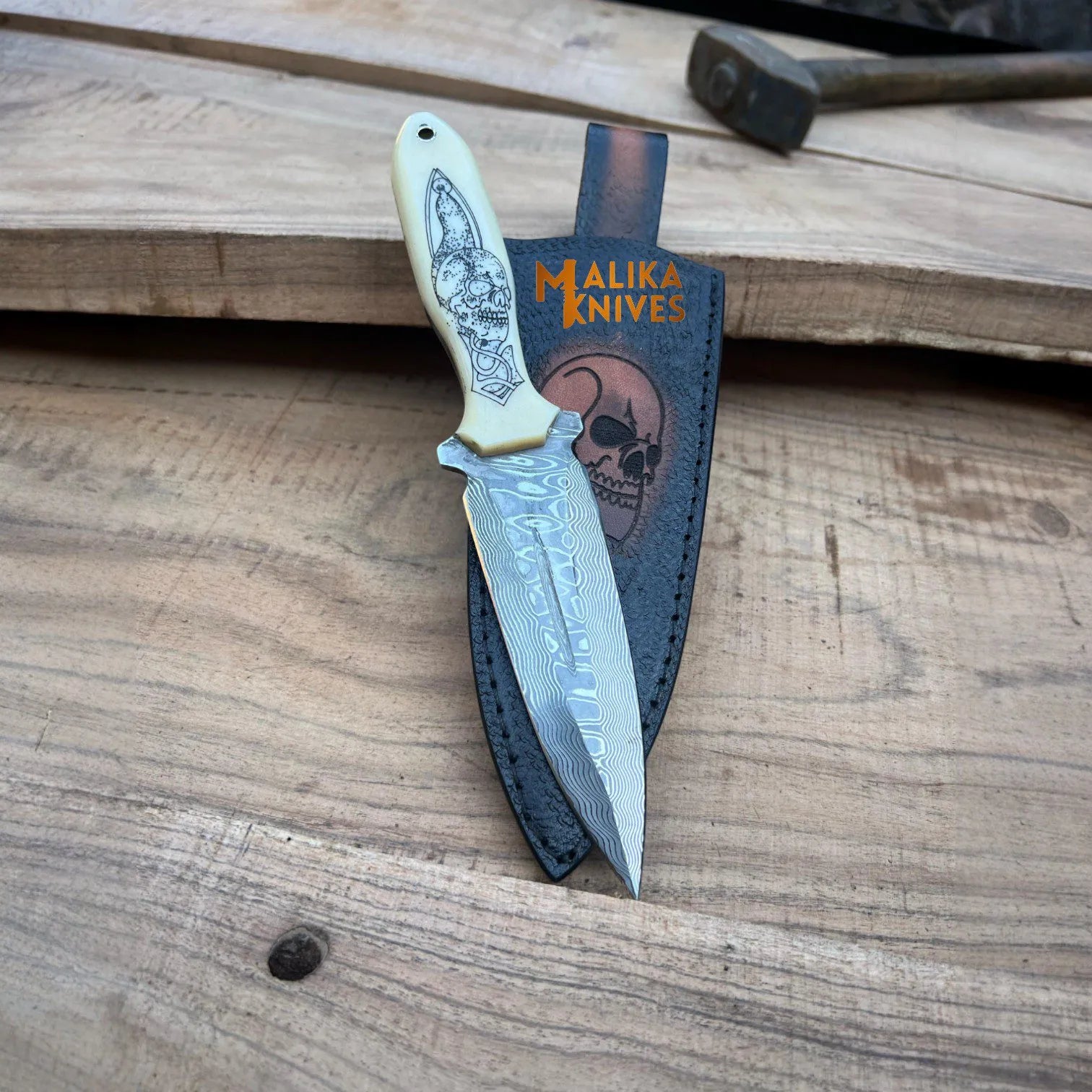 Custom Hunting Dagger Knife – Skull Engraved Camel Bone Handle