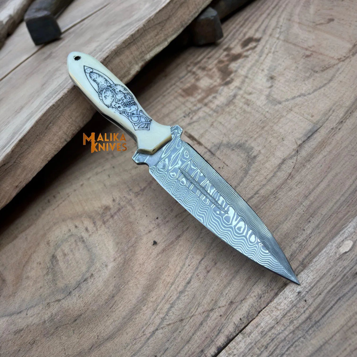 Custom Hunting Dagger Knife – Skull Engraved Camel Bone Handle