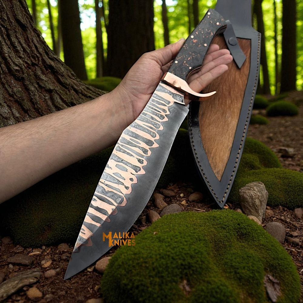 Copper Damascus Bowie Knife | Carbon Fiber Handle