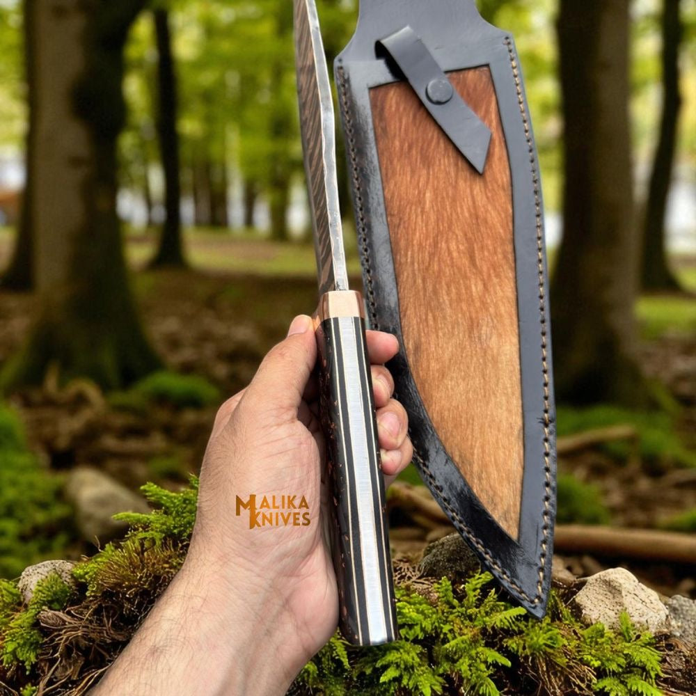 Copper Damascus Bowie Knife | Carbon Fiber Handle
