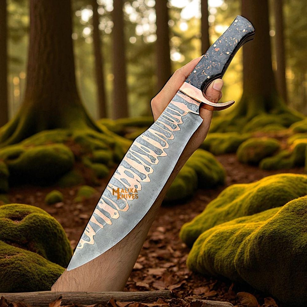 Copper Damascus Bowie Knife | Carbon Fiber Handle