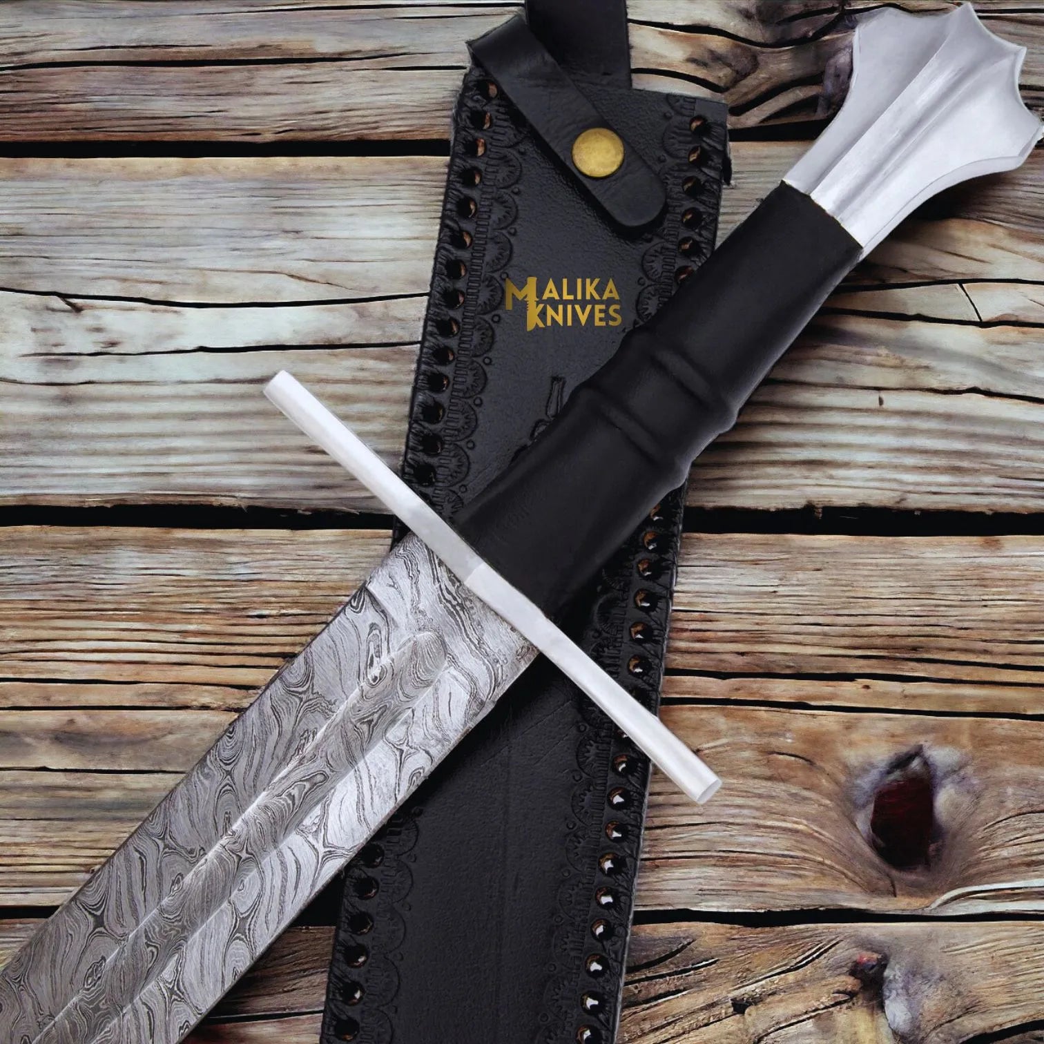 Handmade Medieval Damascus Arming Templar Knight Sword with Leather sheath-901