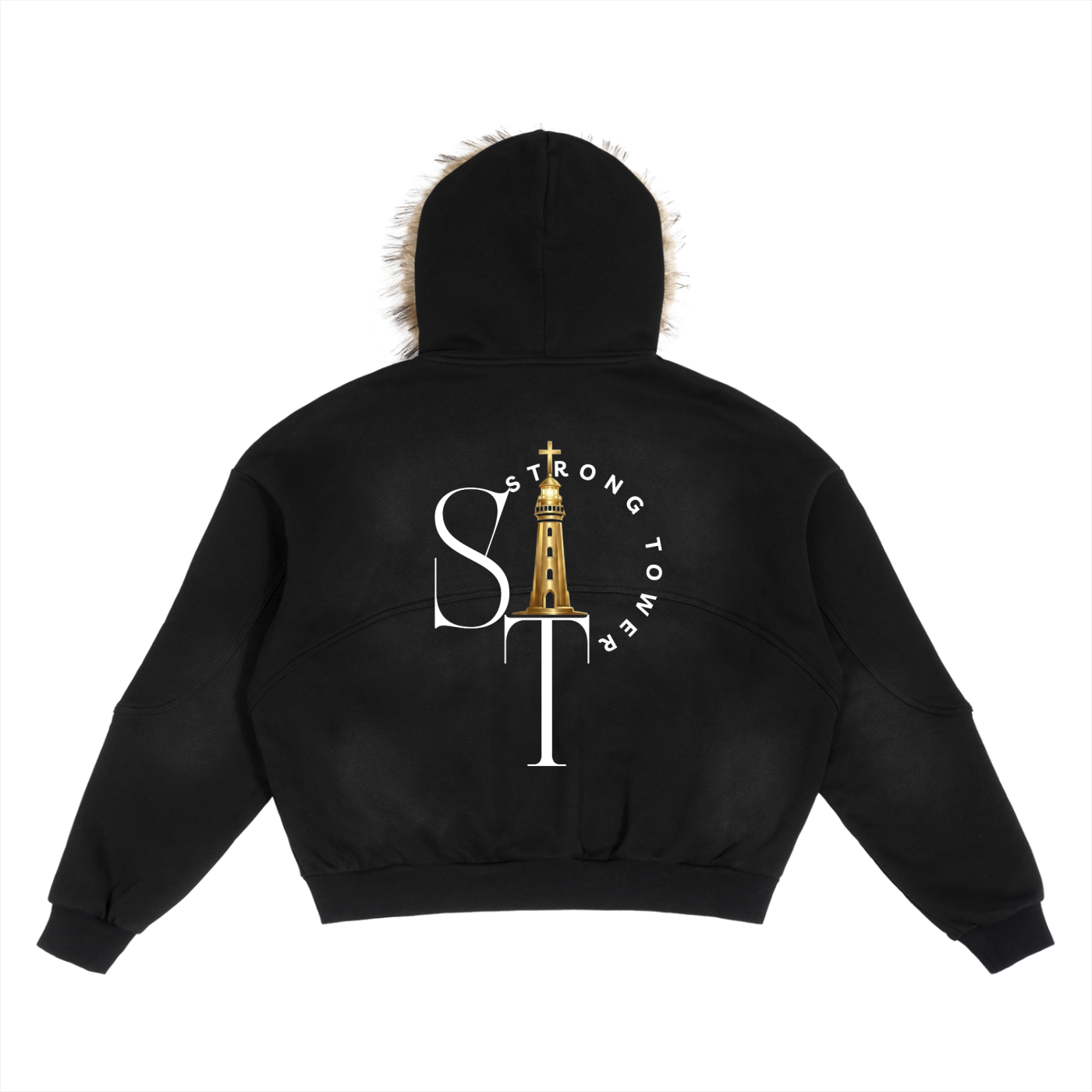Strong Tower Sun Fade Boxy Detachable Fur Hoodie