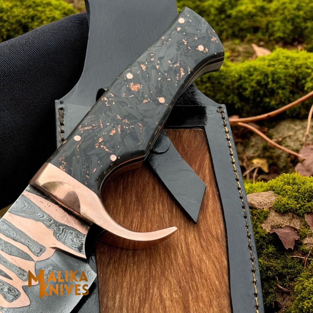 Copper Damascus Bowie Knife | Carbon Fiber Handle