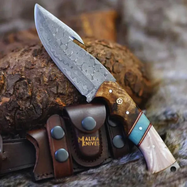 Damascus Gut Hook Hunting Knife Wood Resin Handle