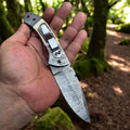 Damascus Folding Knife with Camel Bone Handle | Hand-Engraved People’s Flag | EDC Knife with Gift Box