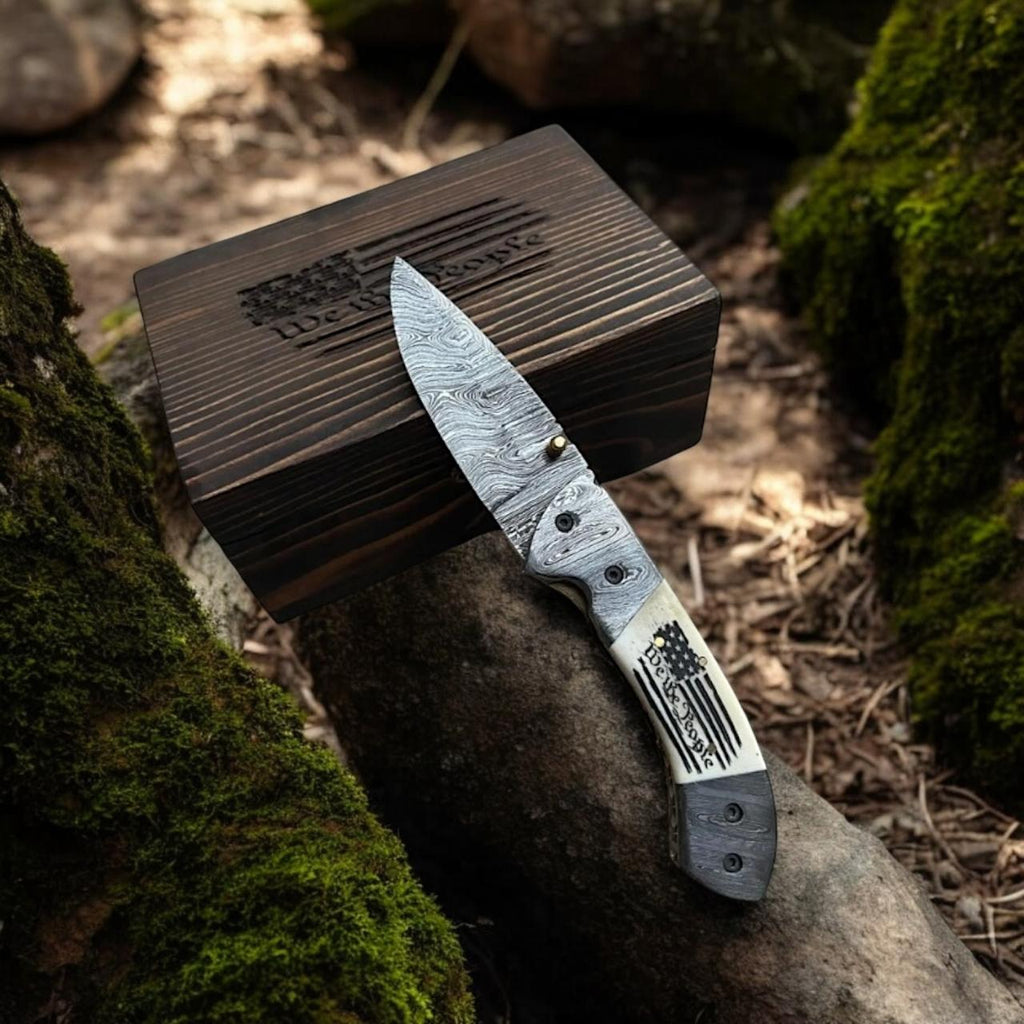 Damascus Folding Knife with Camel Bone Handle | Hand-Engraved People’s Flag | EDC Knife with Gift Box