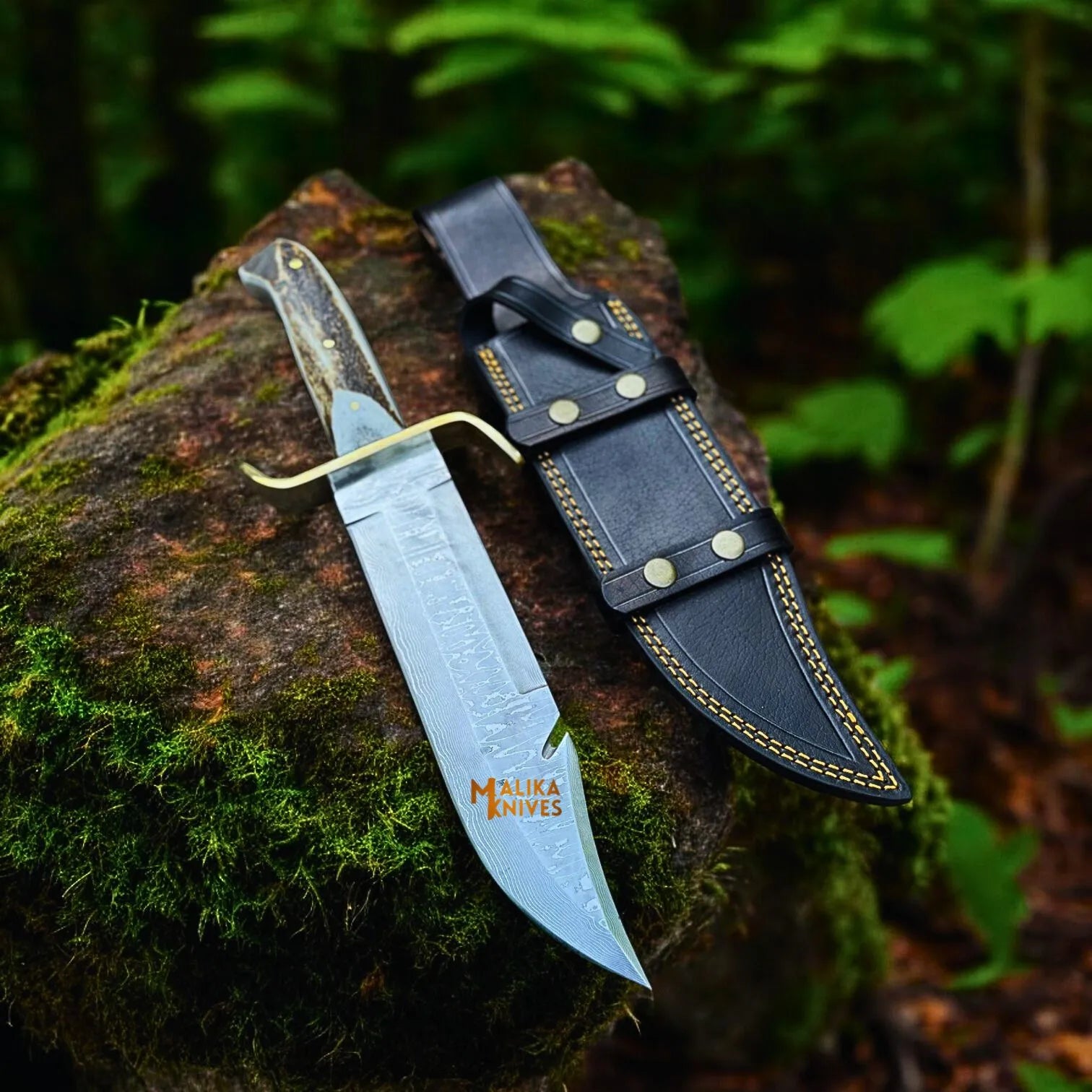 SS Damascus Gut Hook Bowie Knife Stag Antler Handle Sheath