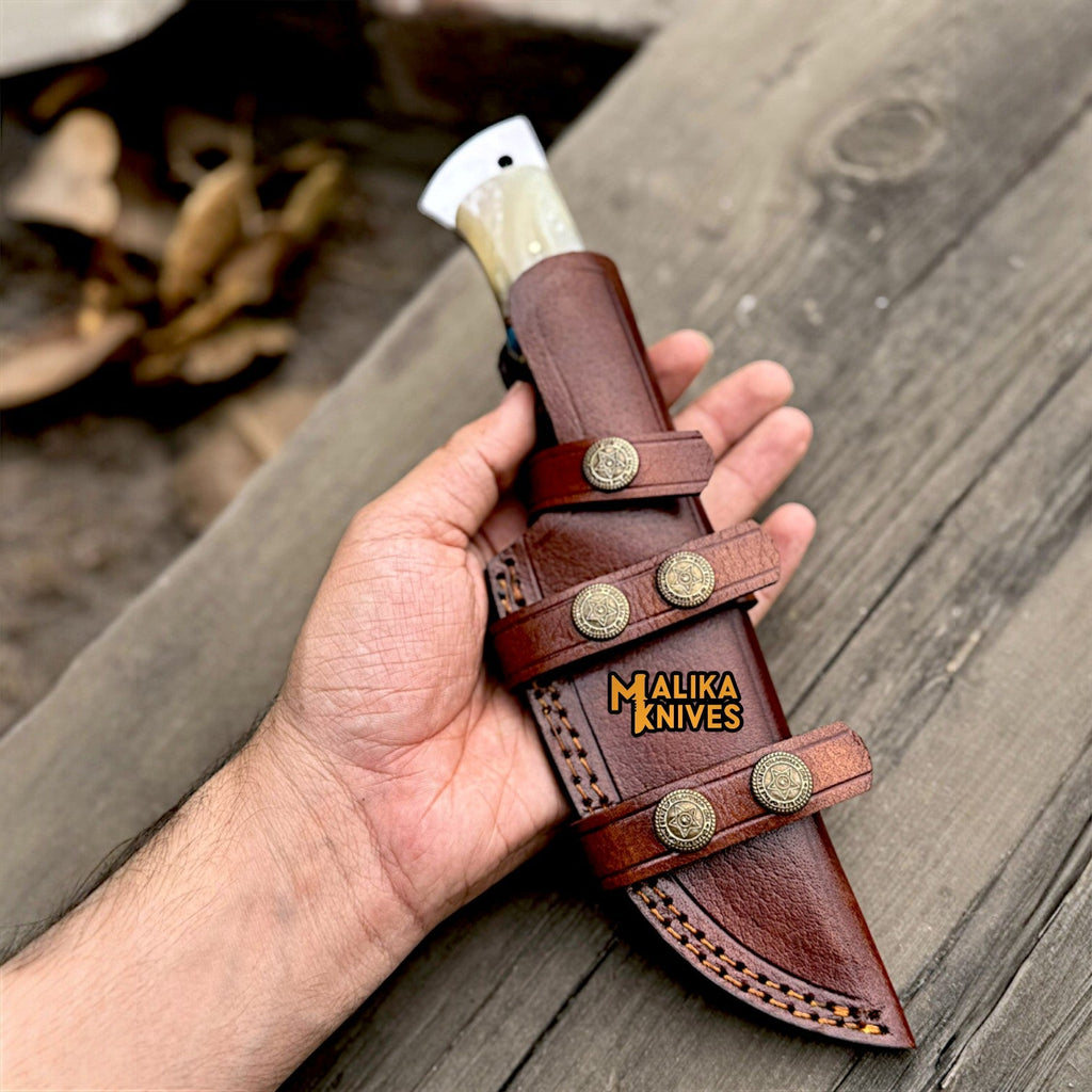 Damascus Gut Hook Hunting Knife with Wood Handle & Sheath