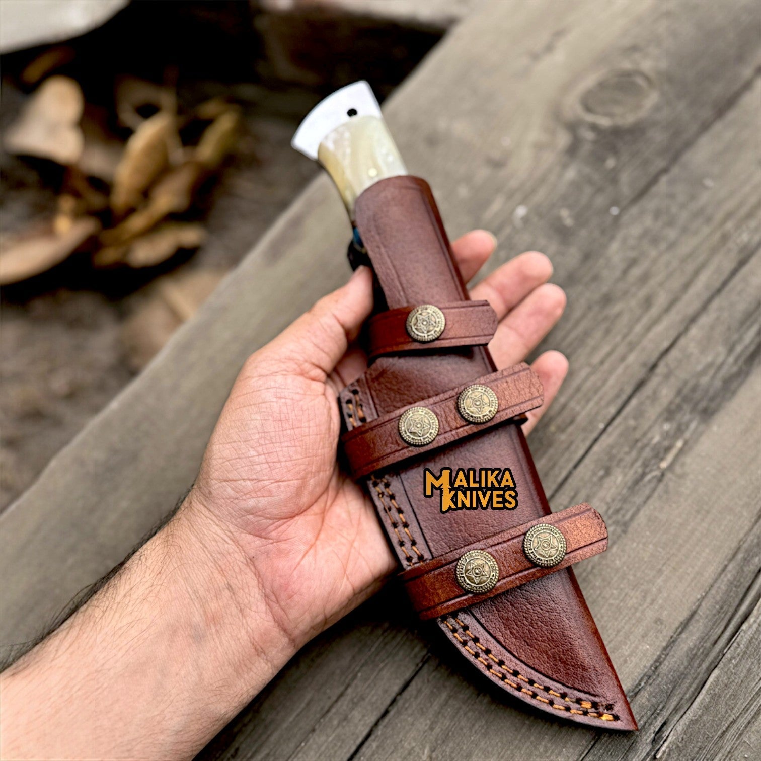 Damascus Gut Hook Hunting Knife with Wood Handle & Sheath