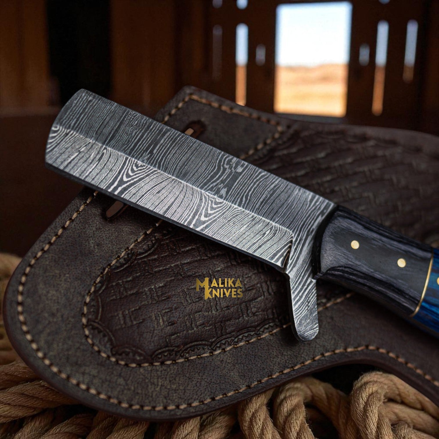 Damascus Bull Cutter Knife with Pakka Wood Handle