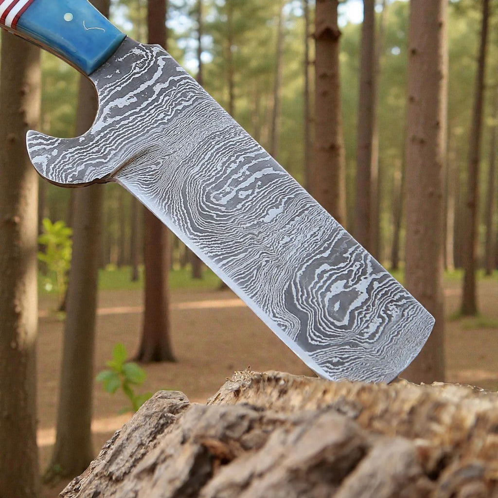 Damascus Bull Cutter Knife Cowboy Fixed Blade