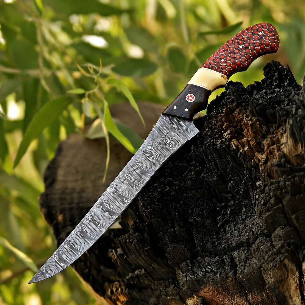 Damascus Fish Fillet Knife – Red Honeycomb & Camel Bone Handle