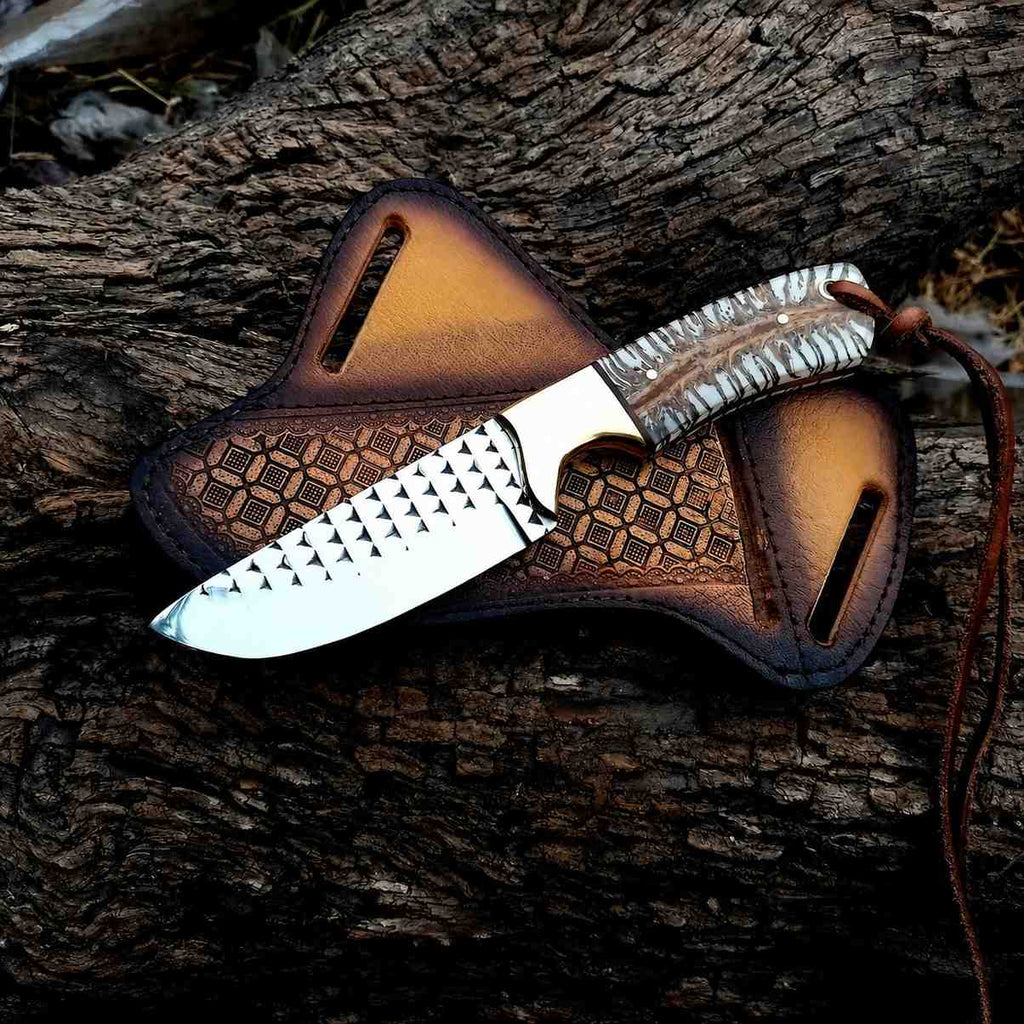 Rasp Steel Cowboy Knife – 8" Skinner with Pine Cone Handle & Crossdraw Sheath