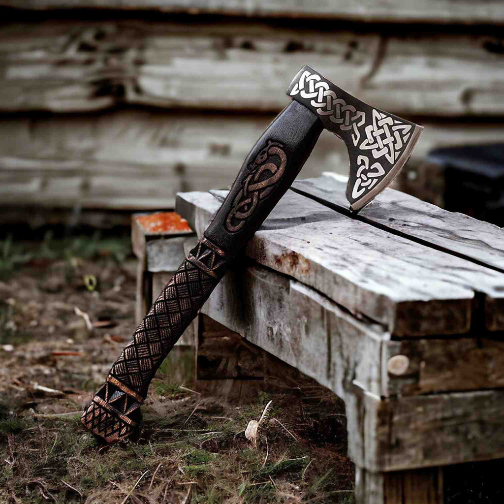 Celtic Knotwork Viking Axe – Hand-Forged Bearded Battle Axe with Carved Handle