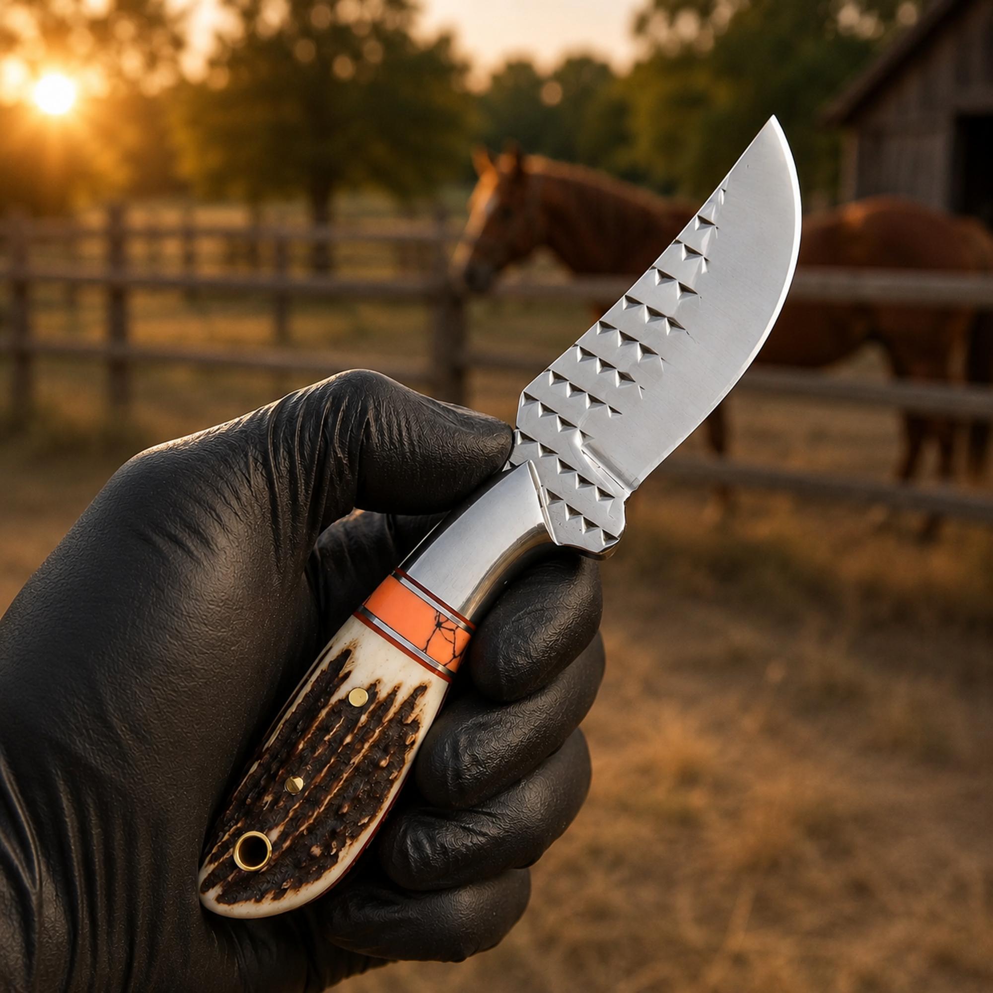 Western Belt Knife D2 Rasp Steel Stag Horn Handle