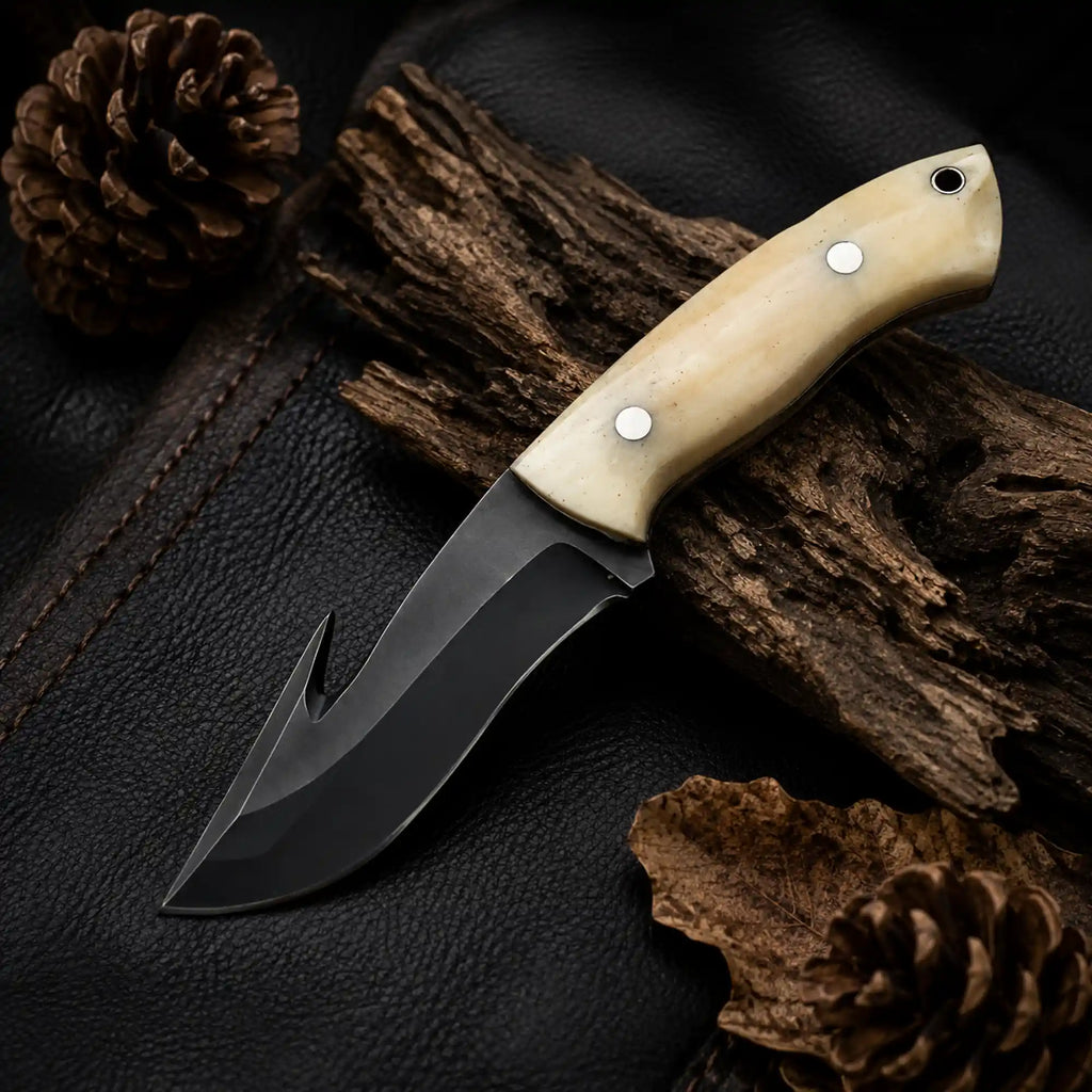 Gut Hook Cowboy Knife | Rasp Steel with Camel Bone Handle